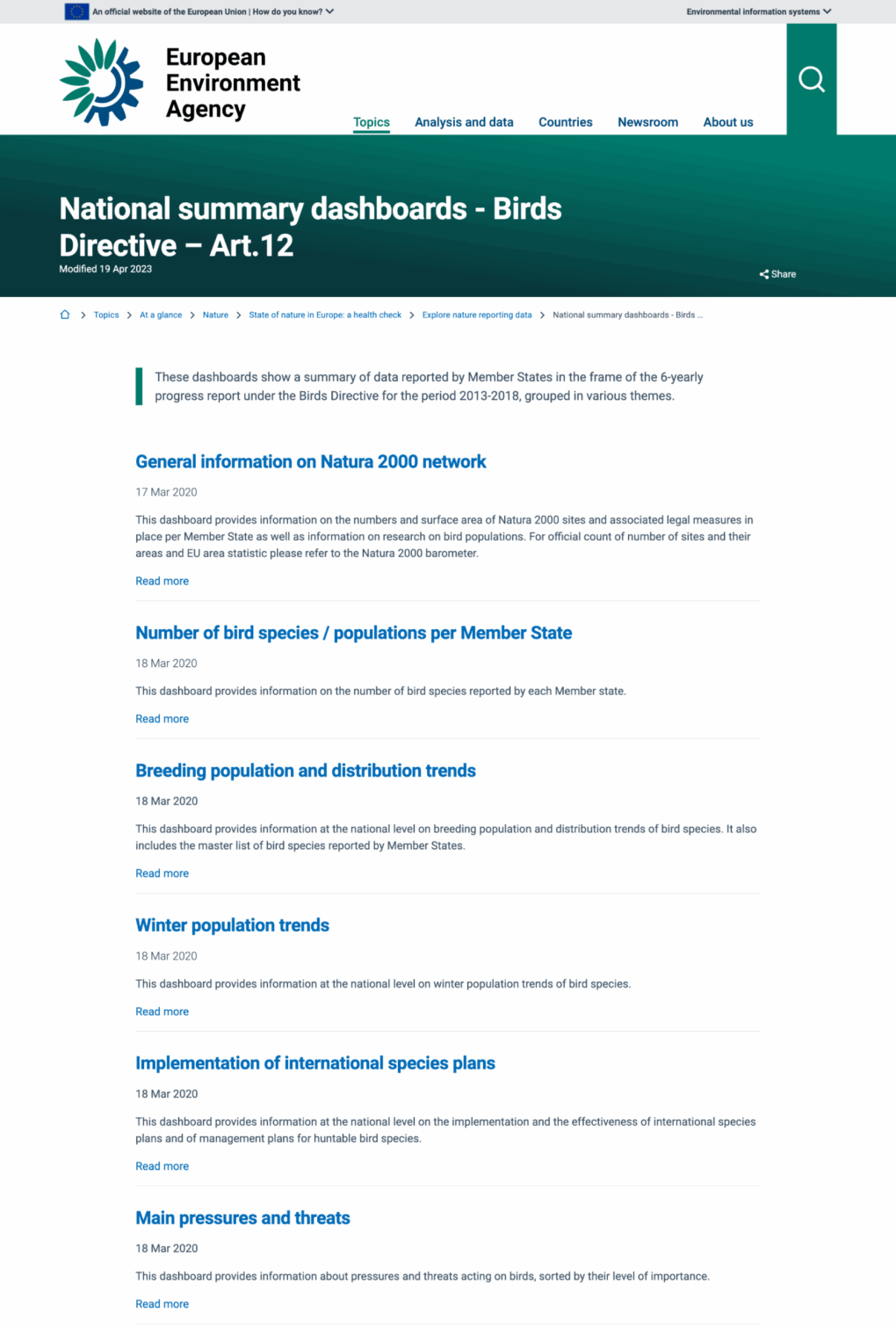 National summary dashboards - Birds Directive – Art.12