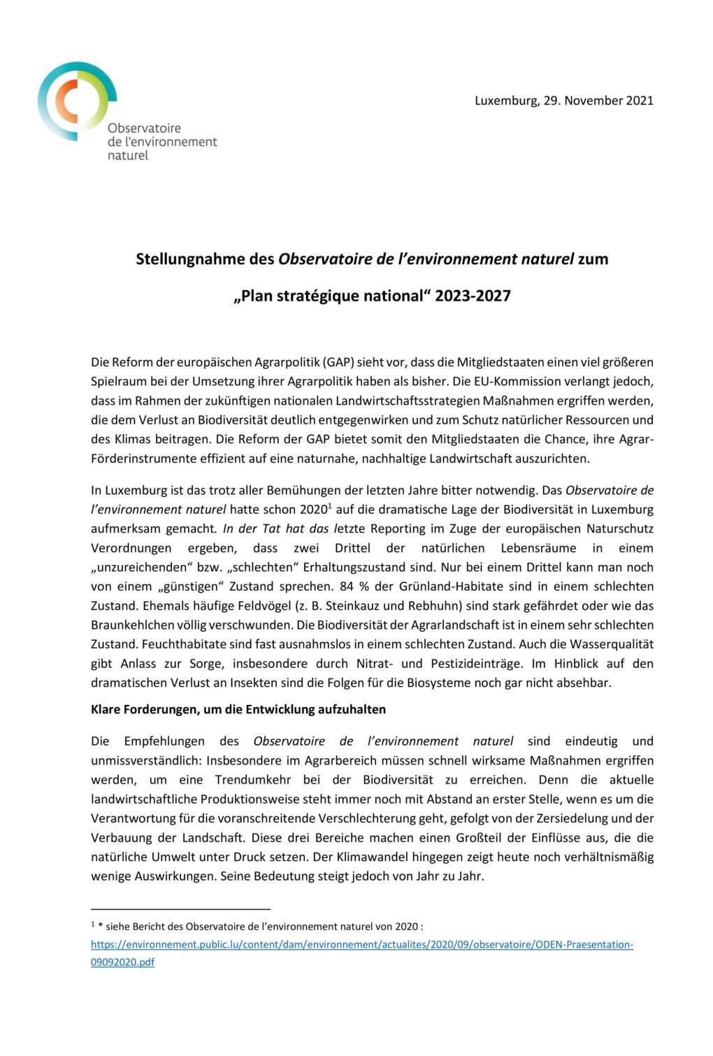 tellungnahme des Observatoire de l’environnement naturel zum „Plan stratégique national“ 2023-2027